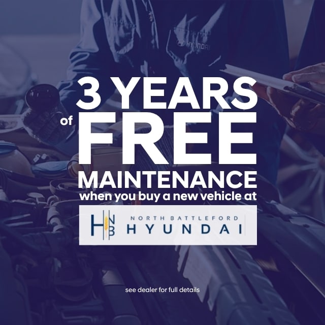 Promotional ad for North Battleford Hyundai offering 3 years of free maintenance on new vehicle purchases.