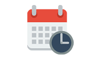 Calendar icon with a clock, symbolizing scheduling or time management features.