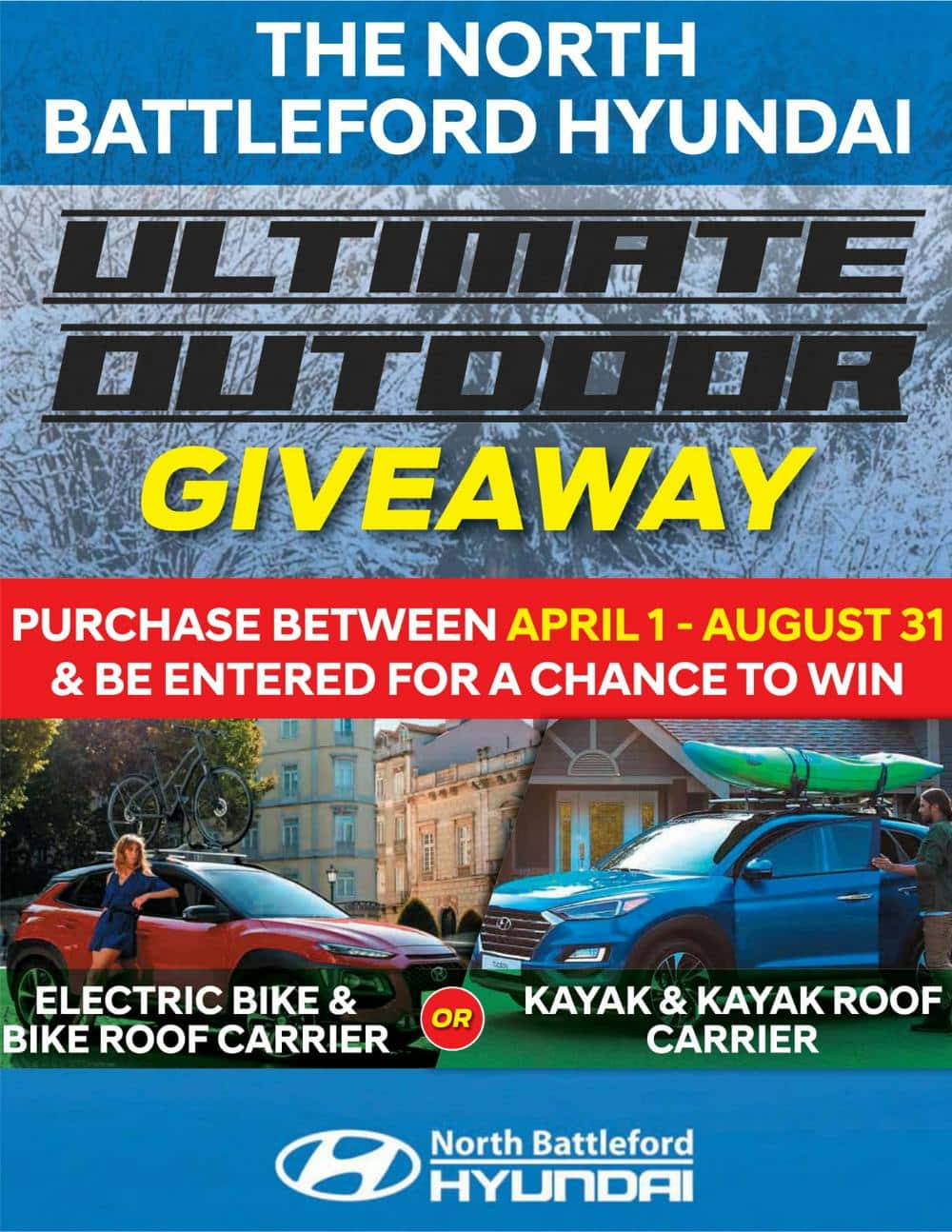 North Battleford Hyundai giveaway ad featuring a car with an electric bike and another with a kayak.
