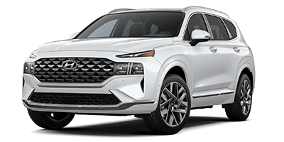 White Hyundai SUV with a sleek design and chrome accents, viewed from the front-right angle.