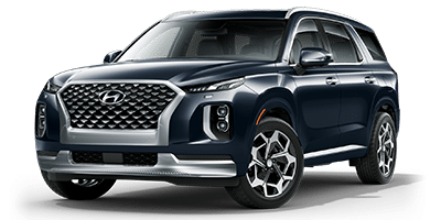 Blue Hyundai SUV with a bold front grille and sleek design, showcasing modern automotive styling.
