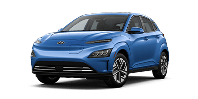 Blue Hyundai Kona SUV with sleek design and modern headlights, front view.