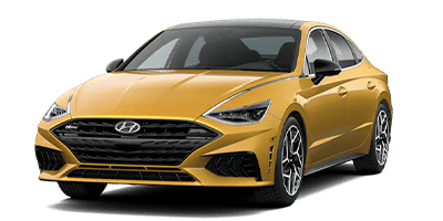Yellow Hyundai sedan with sleek design and black grille, parked on a transparent background.
