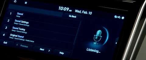 Car infotainment screen displaying sound settings menu and voice command option.