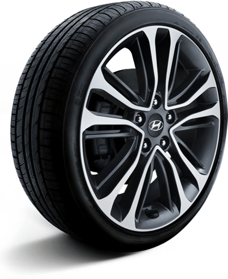 Hyundai car wheel with a sleek alloy rim design on a black tire.