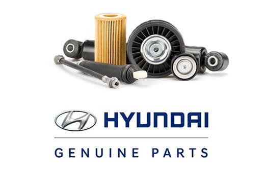 Hyundai genuine parts displayed, featuring filters and automotive components with Hyundai logo.