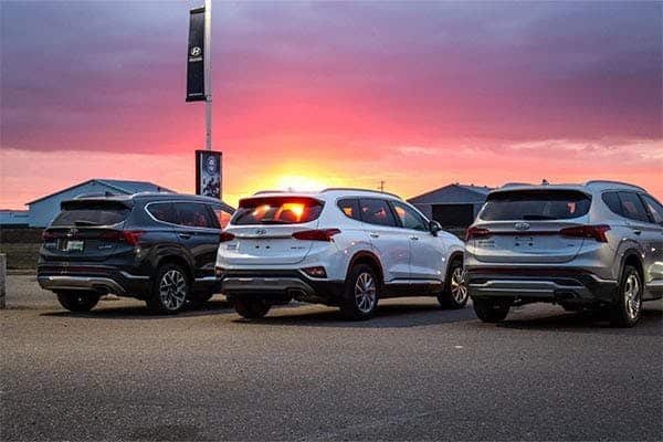 Three SUVs parked under a vibrant sunset, showcasing their rear designs in a dealership lot.