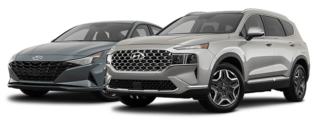 Two Hyundai vehicles: a silver SUV and a gray sedan, side by side, showcasing front designs.