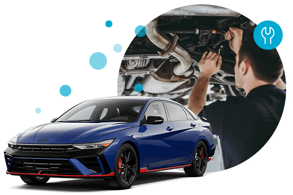 Blue sedan with a mechanic working under a car in the background, surrounded by circular design elements.
