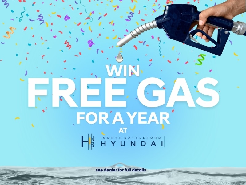 Win free gas for a year promotion at North Battleford Hyundai, featuring a gas nozzle and confetti.