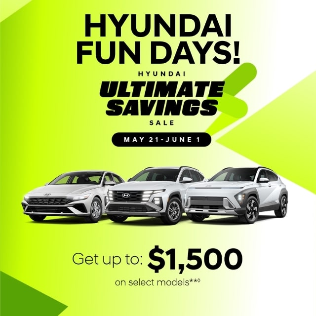 Hyundai Fun Days sale promotion with three cars, offering up to $1,500 savings on select models, May 21–June 1.